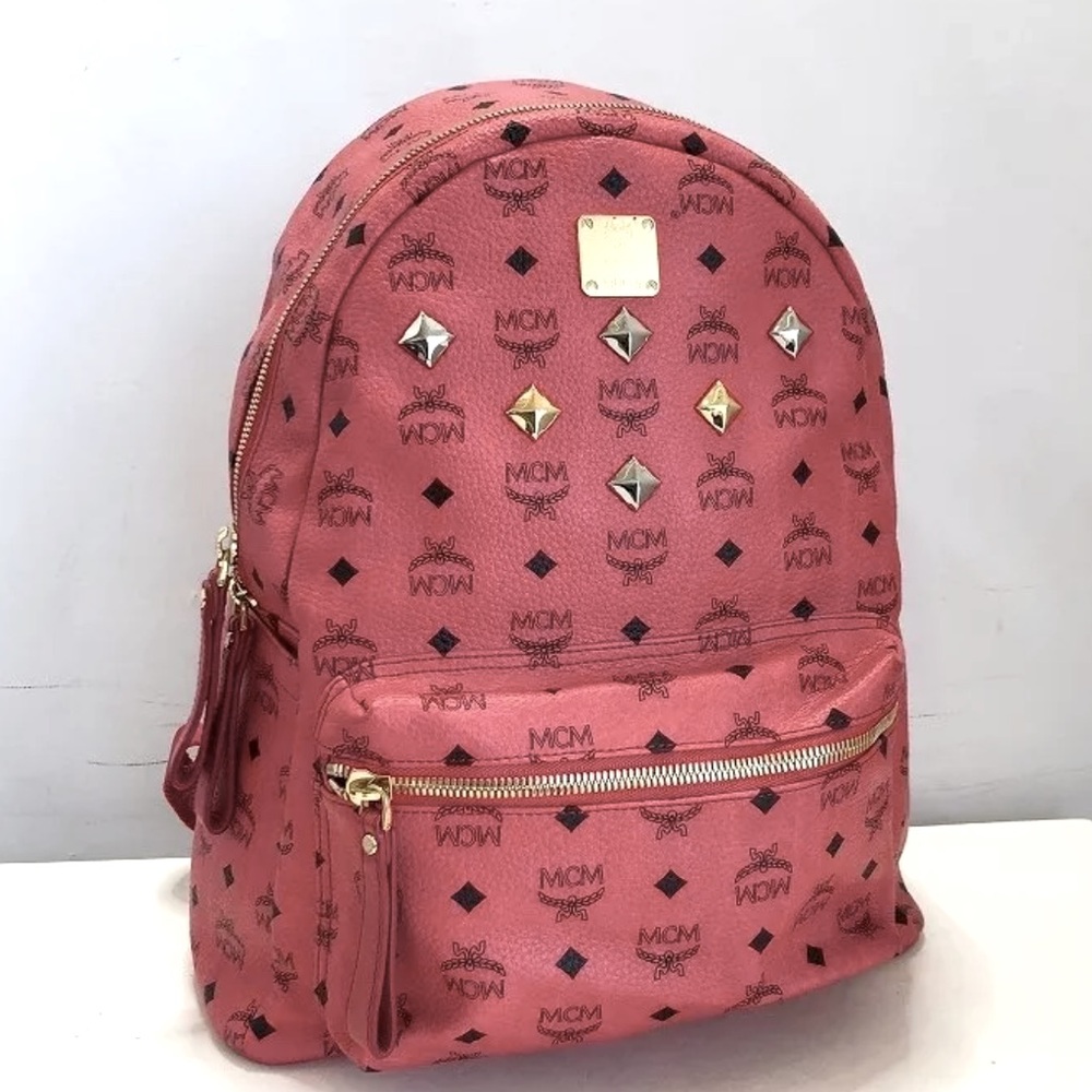 MCM Stark Visetos Backpack Pink Pyramid Gold x Silver Studs Rucksack Unisex